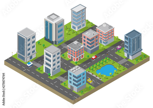 Isometric Building vector. Two building on Yard with road and trees.building 3d , smart city,Vector office and town apartment concept.