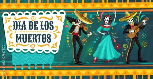 Skeletons and Catrina dancing on Day of Dead party