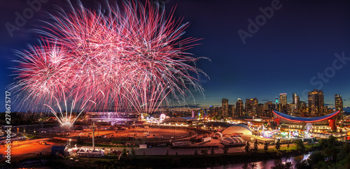 Fireworks Over City Skyline in Calgary, Alberta, Canada