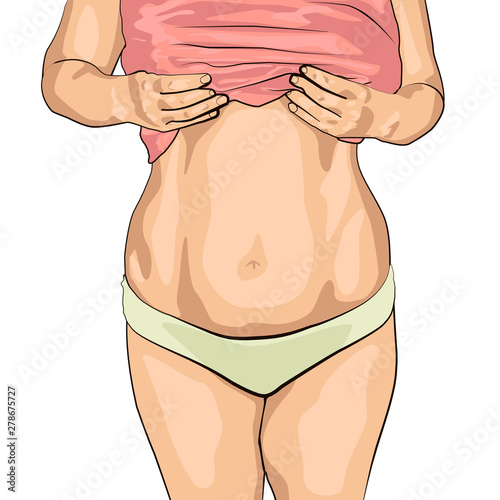 fat women has overweight. she shows excess fat of the abdomen. isolated on white background. she wants lose weight.