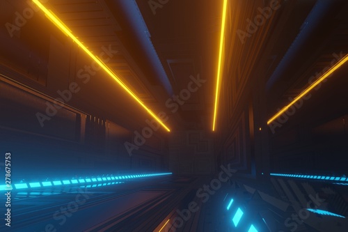Illuminated corridor interior design. 3D rendering © yudhistirama