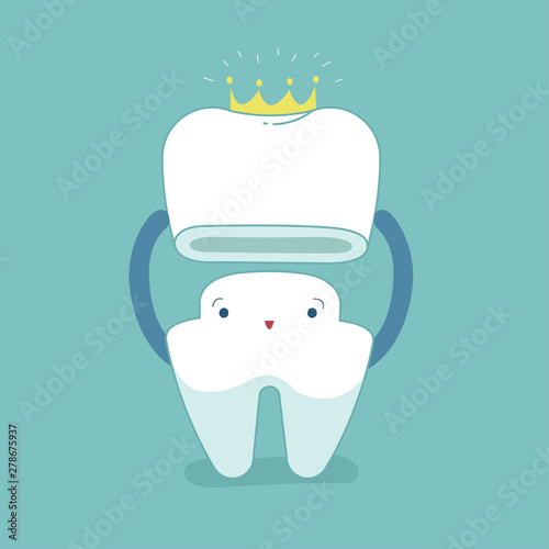 Dental crown, tooth put in crown, dental cartoon concept.