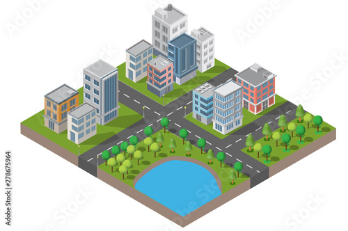 Isometric Building vector. They are  on Yard with road and trees.smart city and public park.building 3d,cars,capital , Vector office and metropolis concept.