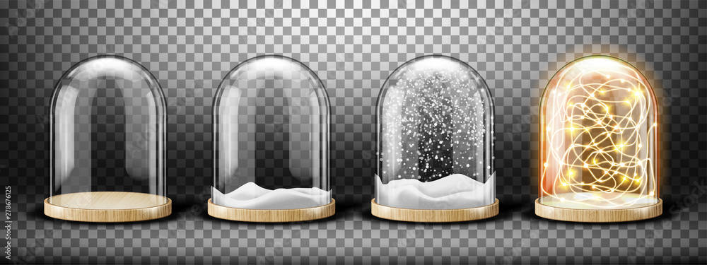 Glass dome with snow and light garland realistic vector. Glass round