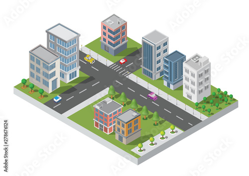 Isometric Building vector. They are  on Yard with road and trees.smart city and public park.building 3d cars capital   Vector office and metropolis concept.