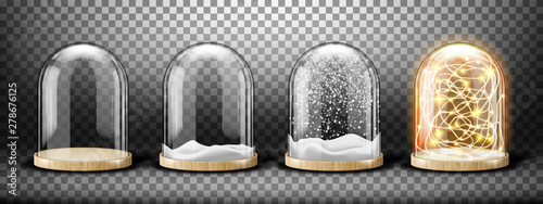 Glass dome with snow and light garland realistic vector. Glass round dome with light wood plate, empty and with white falling snowflakes isolated on transparent background. Holiday interior decoration