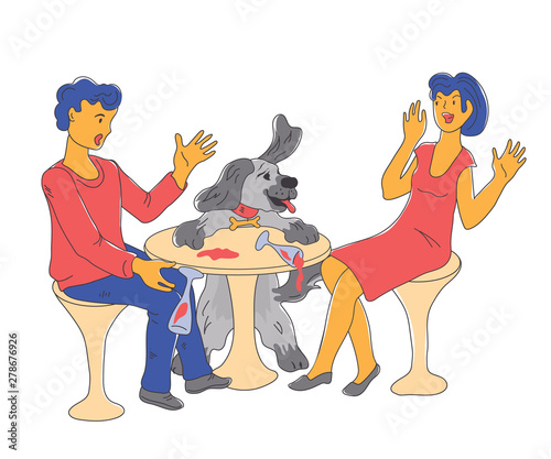 A comic scene from the life of a pet dog and its owners - a cute naughty dog ​​makes a mess, cartoon vector illustration isolated on white background. Domestic animals and people friendship and love.