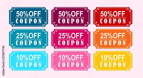 	 Coupons discount banner 50%, 25% and 10% off offers.vector design