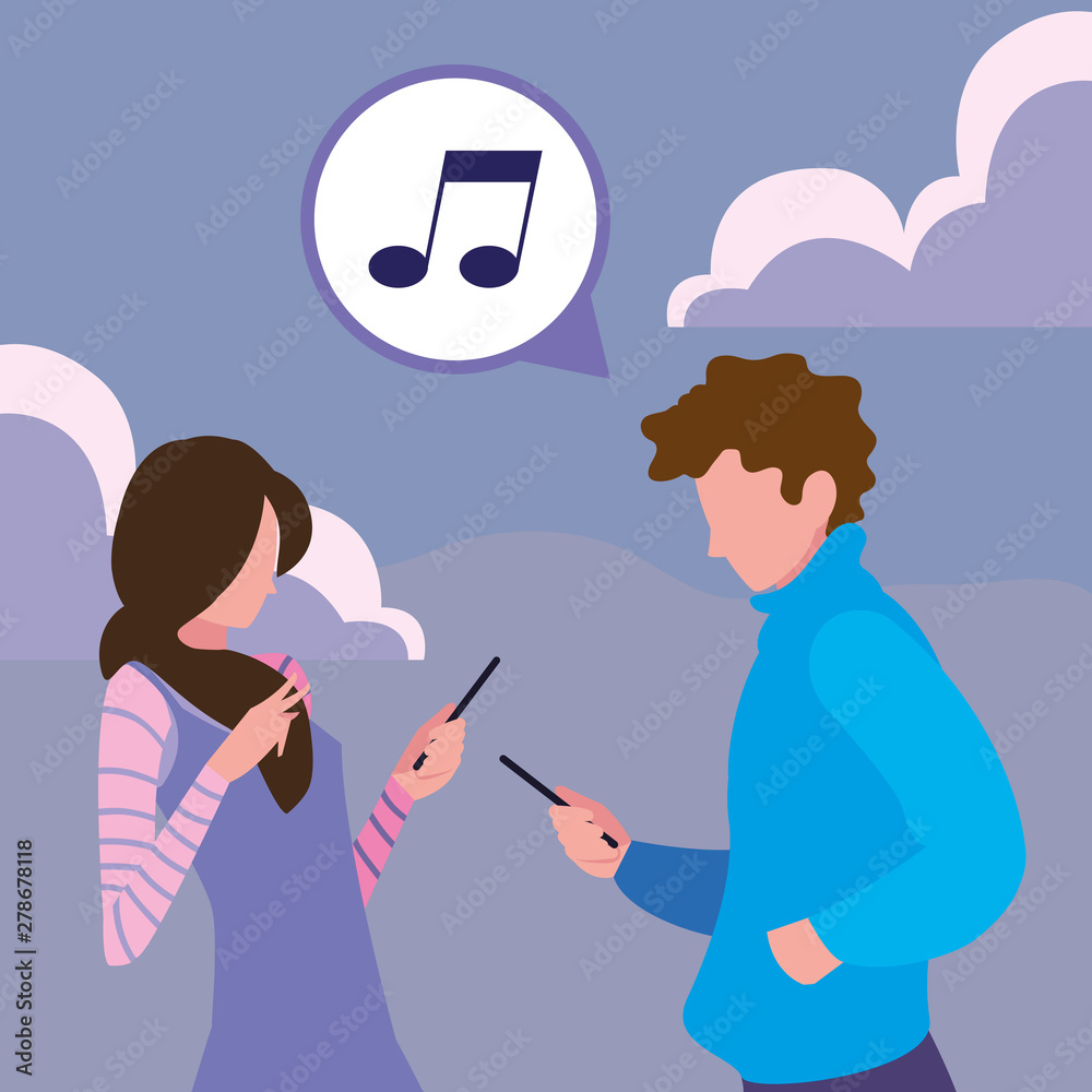 man and woman characters using smartphone man and woman characters using smartphone