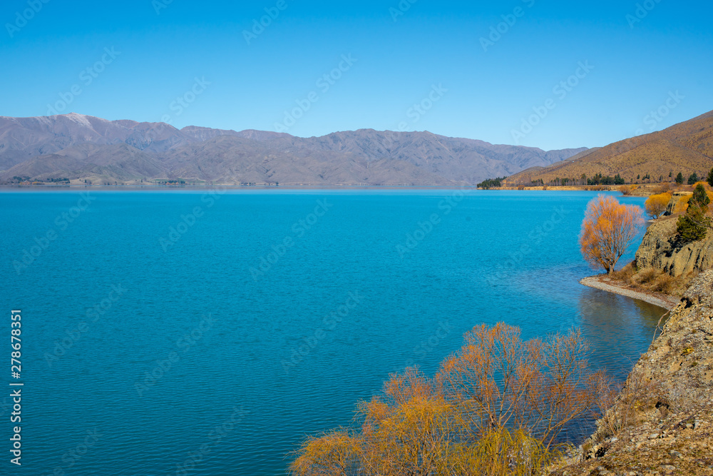 Majestic scenery of the Lakes and rivers of the South Island beneath the Southern Alps in New Zealand
