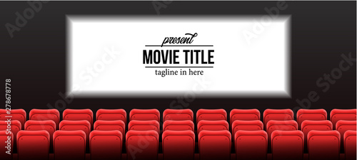 present show name template with red empty seats at cinema movie theater with screen