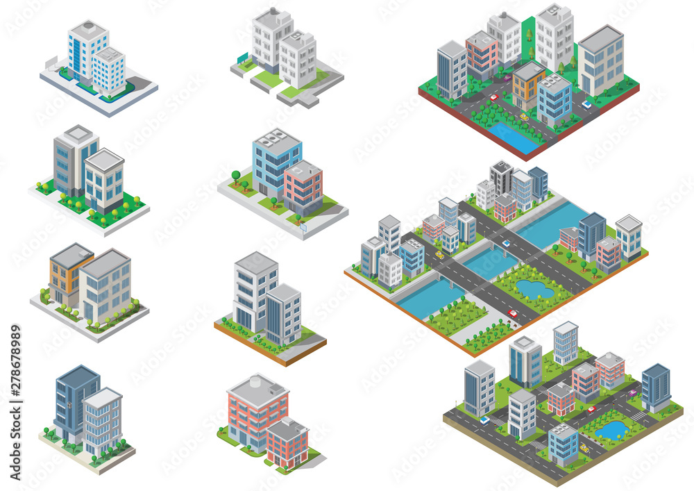 Fototapeta premium Set of Isometric Building vector.They are on Yard.The river with road and trees. building 3d , smart city, Vector office and town apartment concept.