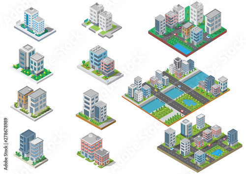 Set of Isometric Building vector.They are on Yard.The river with road and trees. building 3d , smart city, Vector office and town apartment concept.