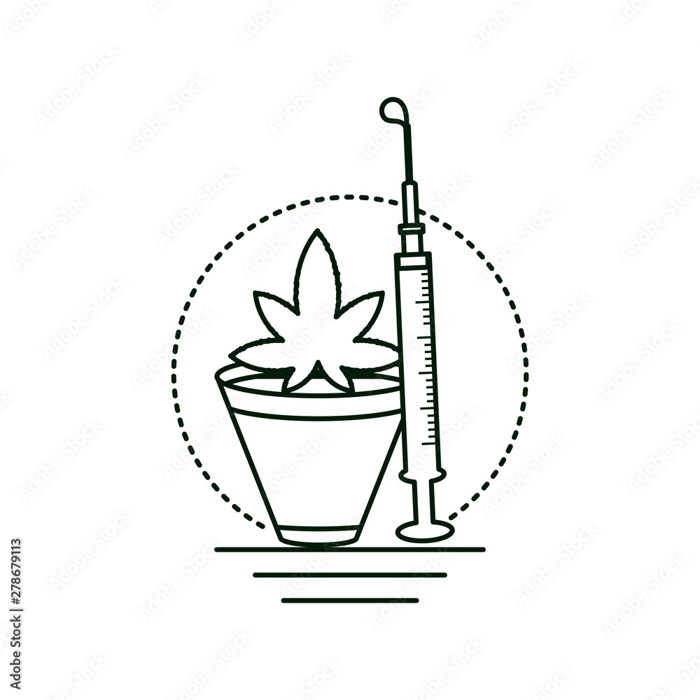 cannabis plant in pot with syringe cannabis plant in pot with syringe