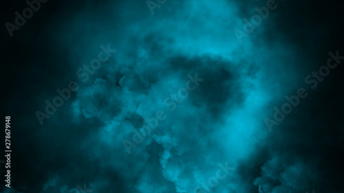 Colorful blue smoke on the floor . Isolated black background . Misty fog effect texture overlays for text or space