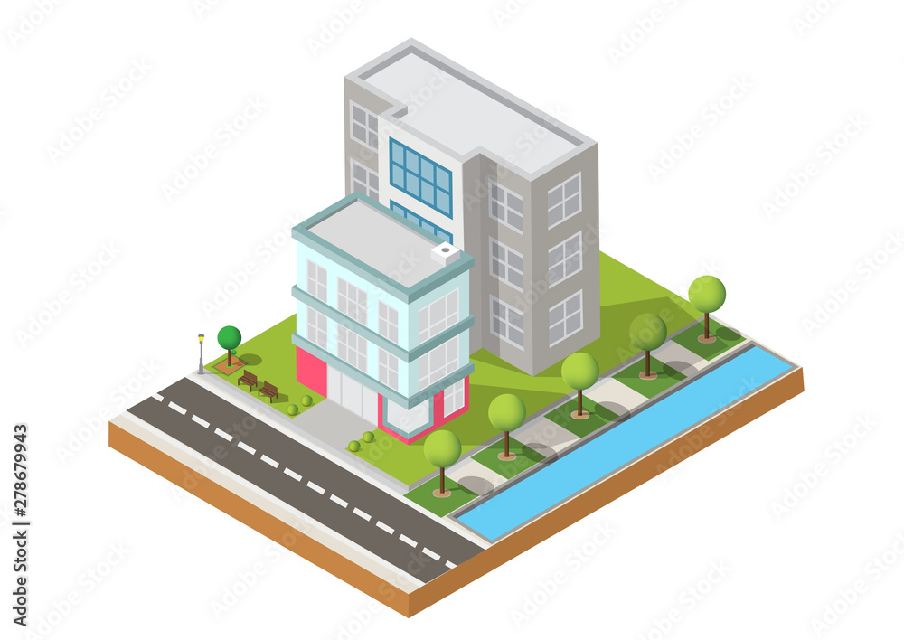 Isometric Building vector. Two building on Yard with road. building 3d , smart city, Vector office and town apartment concept.