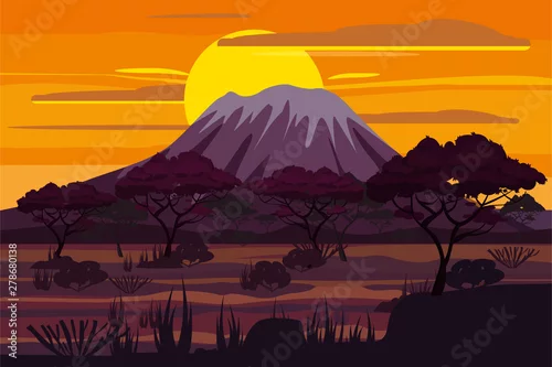 Obraz Afrykańska zmierzchu krajobrazu sawanny dzika natura. Trawa, krzewy, drzewa akacjowe i mountane