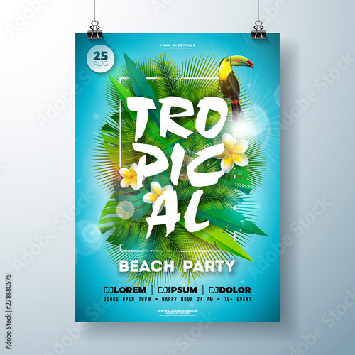 Tropical Summer Beach Party Flyer Design with flower, palm leaves and toucan bird on blue background. Vector Summer Celebration Design template with nature floral elements, tropical plants and