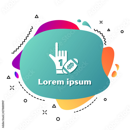 White Number 1 one fan hand glove with finger raised and american football ball icon isolated on white background. Set of sport equipment. Abstract banner with liquid shapes. Vector Illustration