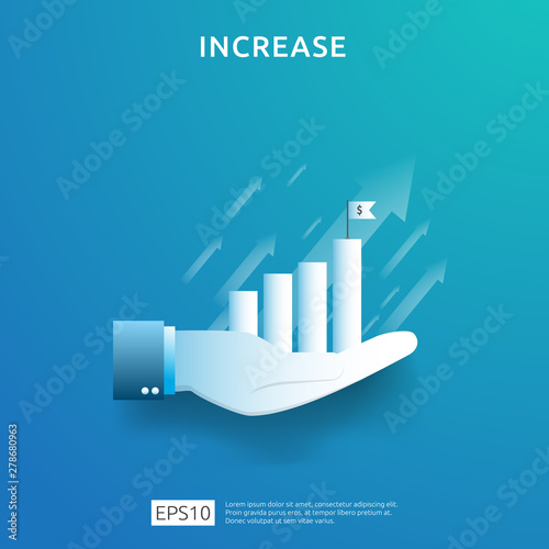 business chart on hand. income salary rate increase. graphic growth margin revenue. Finance performance of return on investment ROI concept with arrow element. flat style design vector illustration.