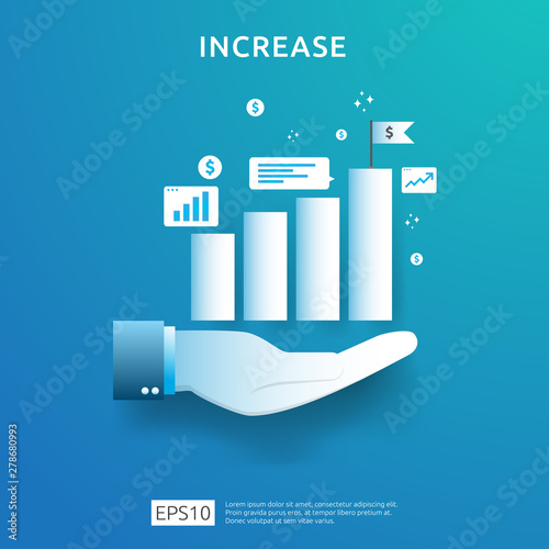 business chart on hand. income salary rate increase. graphic growth margin revenue. Finance performance of return on investment ROI concept with arrow element. flat style design vector illustration.