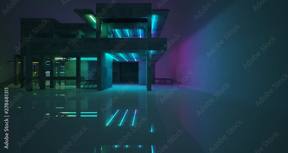 Abstract architectural concrete and white interior of a minimalist house with color gradient neon lighting. 3D illustration and rendering.