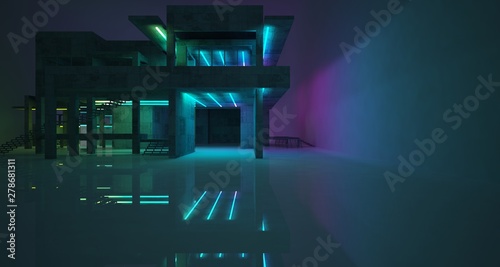 Abstract architectural concrete and white interior of a minimalist house with color gradient neon lighting. 3D illustration and rendering.