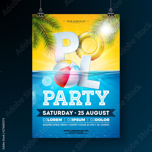 Summer pool party poster design template with palm leaves, water, beach ball and float on blue underwater ocean background. Vector holiday illustration for banner, flyer, invitation, poster.