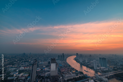 Aerial view of Bangkok at sunset with beautiful sky