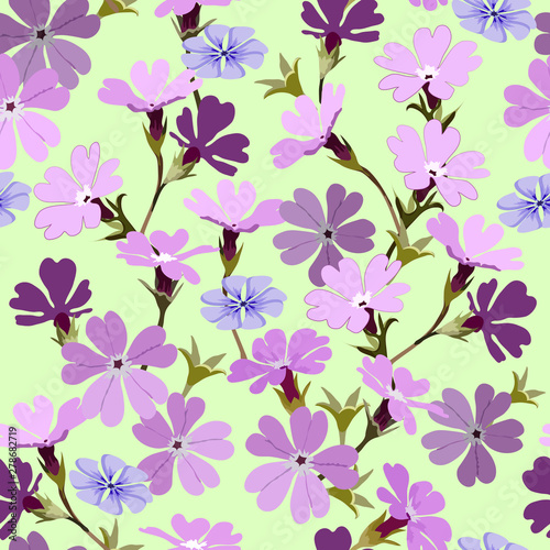 Vector seamless pattern with finely toothed primula, violet-violet purple on yellow background for fabric design