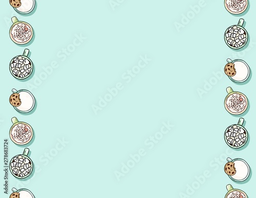 Cute cartoon hand drawn cups of yummy drinks seamless pattern in pastel colors. Letter format template