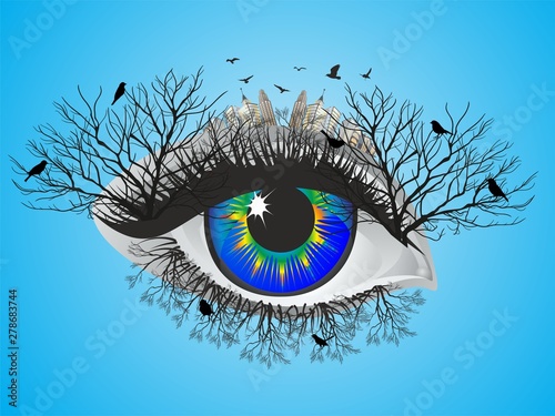 composition with an eye surrounded by trees, birds and buildings