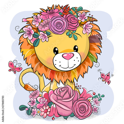Cartoon Lion with flowers on a white background photo