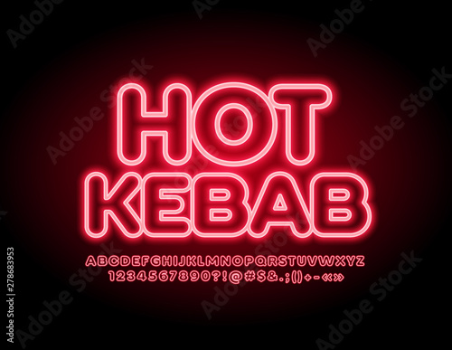 Vector glowing emblem Hot Kebab with red Uppercase Font. Neon illuminated Alphabet Letters, Numbers and Symbols