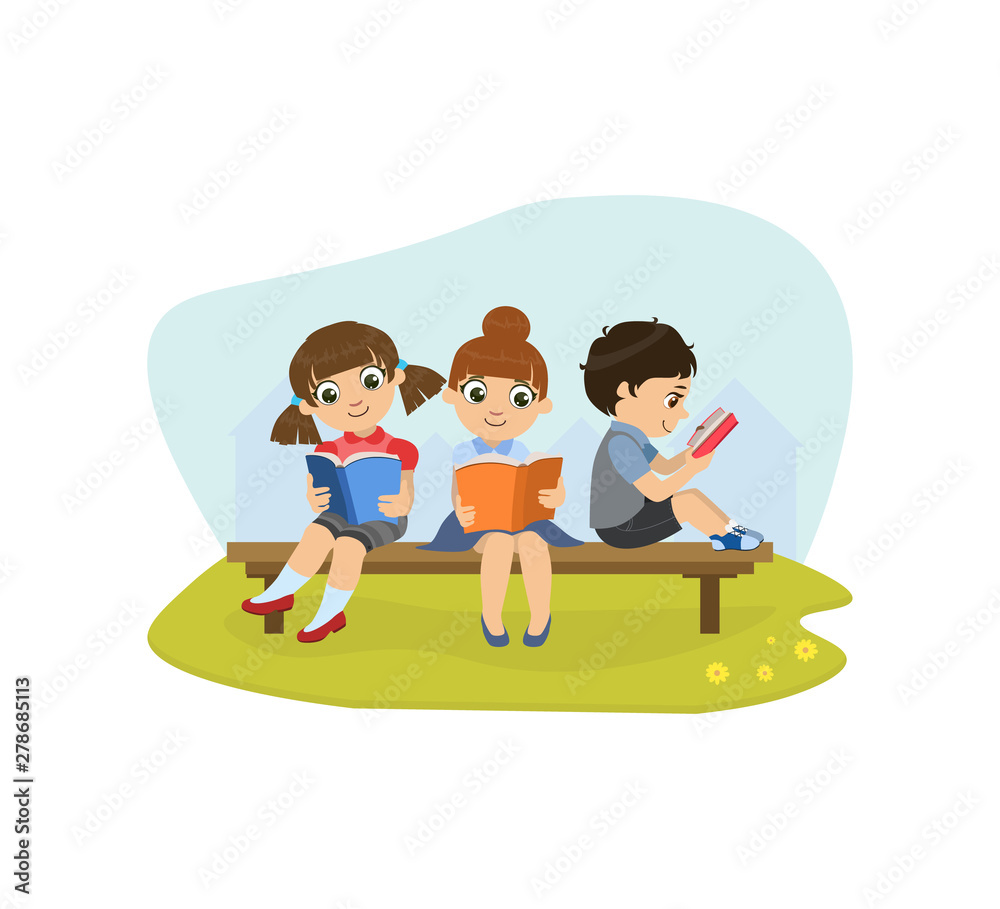 Cute Little Girls and Boy Sitting on Bench in Park and Reading Books Vector Illustration
