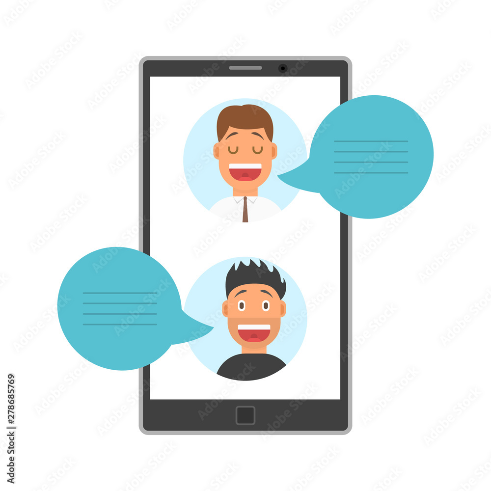 Men Face Avatars on Screen of Smartphone with Dialog Speech Bubbles, Social Media Networking Vector Illustration Men Face Avatars on Screen of Smartphone with Dialog Speech Bubbles, Social Media Networking Vector Illustration