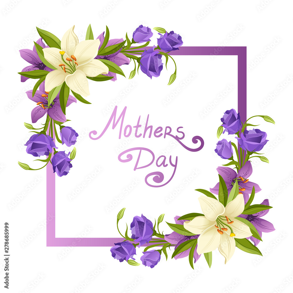 Mothers Day Elegant Card Template with Beautiful Blooming Flowers Vector Illustration