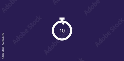 Minimalistic icon design. White stopwatch outline flat animation with counter number from 0 to 60 and moving loop inside it on purple background. photo
