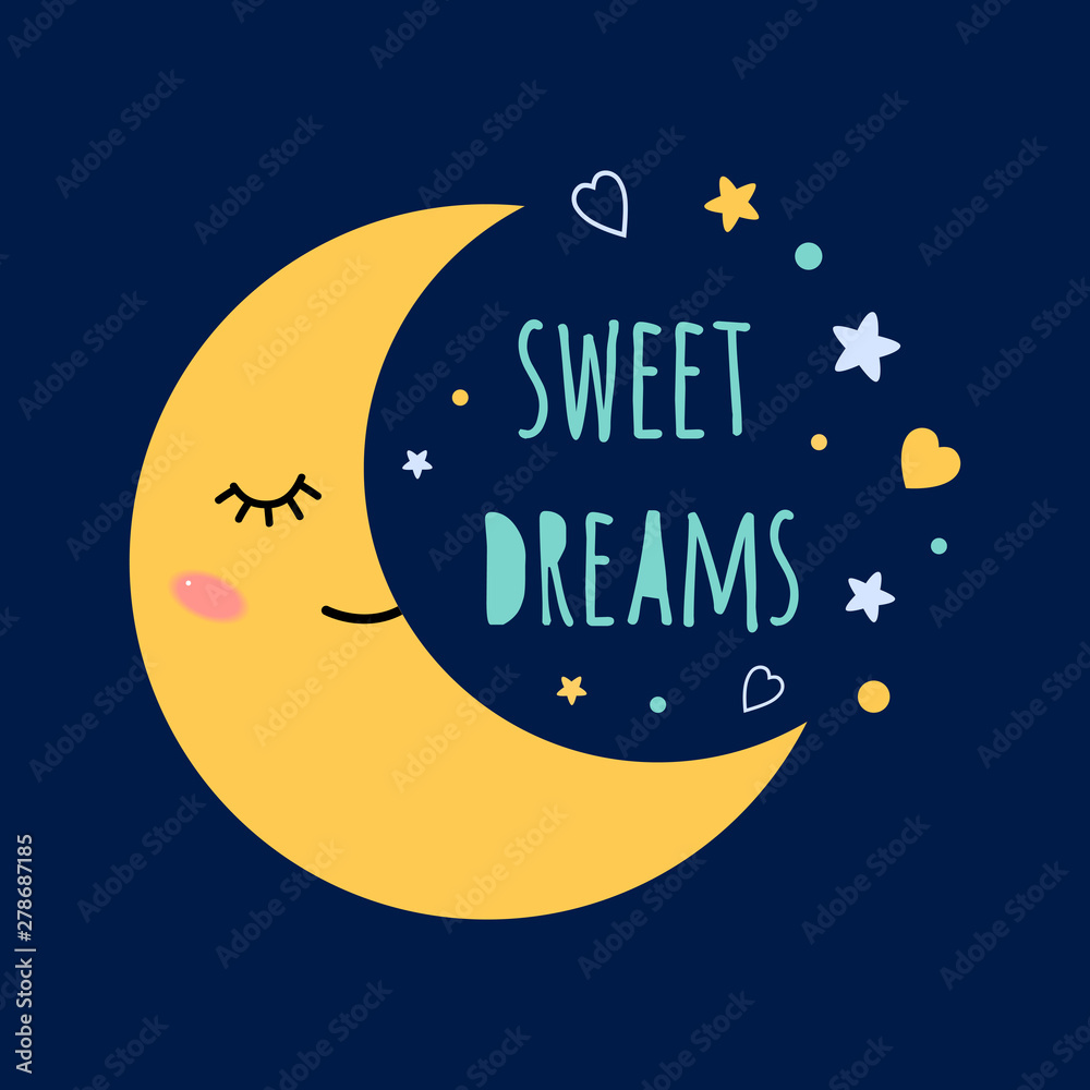 Sweet dreams text on darkness background Sleep moon with eyes on the sky  around the stars Print Cute card banner logo Stock Vector