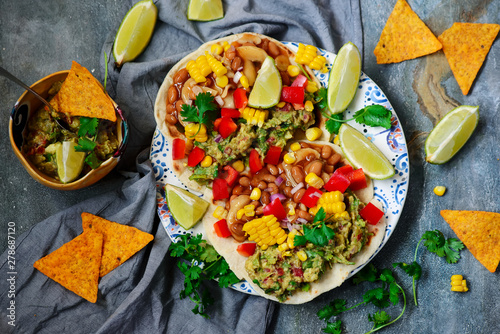 Vegan Tacos with Guacamole and Beans. Tex-Mex