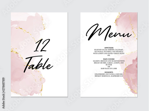 Tender rose violet pastel liquid flow. Watercolor splash, alcohol ink art on wedding template:table number, meny design.  photo