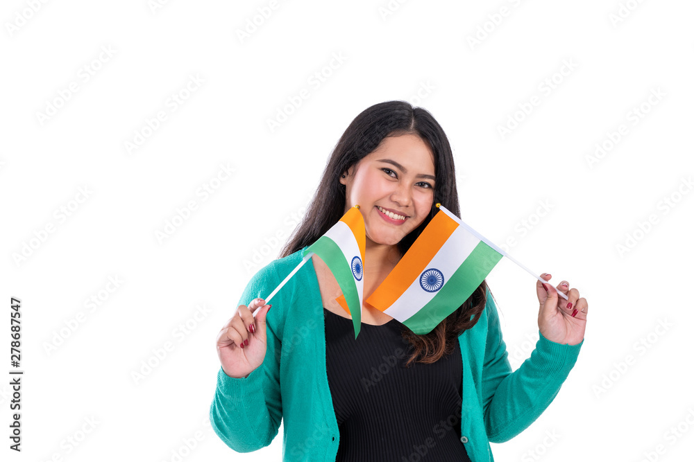 beautiful young woman with smile holding india flag beautiful young woman with smile holding india flag