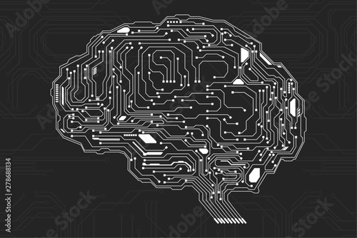 Brain Futuristic Element Circuit Board With Encoder And Decoder Binary Code Vector Background. Virtual Grayscale Abstract AI Brainstorm  Digital Data Security Technology Illustration.