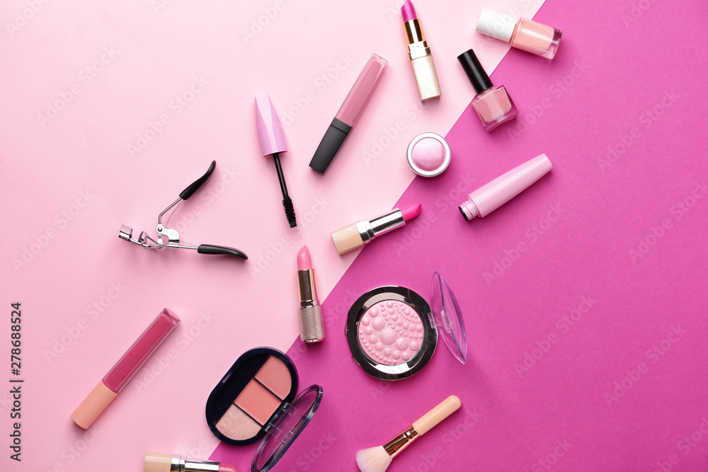 Set of makeup cosmetics on color background Set of makeup cosmetics on color background