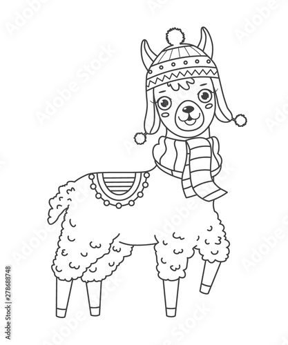 Cute outline doodle llama in hat and scarf with hand drawn elements