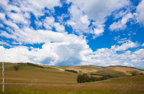 Blue sky with white clouds  trees  fields and meadows with green grass  against the mountains. Composition of nature. Rural summer landscape.
