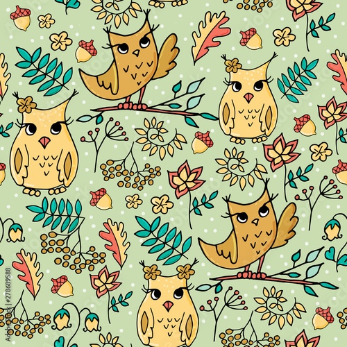 Cute autumn seamless pattern with owls.