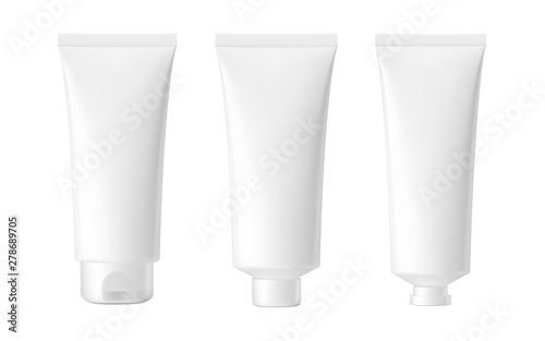 Set of blank realistic cosmetic tubes isolated on white background. Can be used for cosmetic, medical, gels, creams, shampoo and pastes. Face, side and back view. Vector illustration. EPS10.