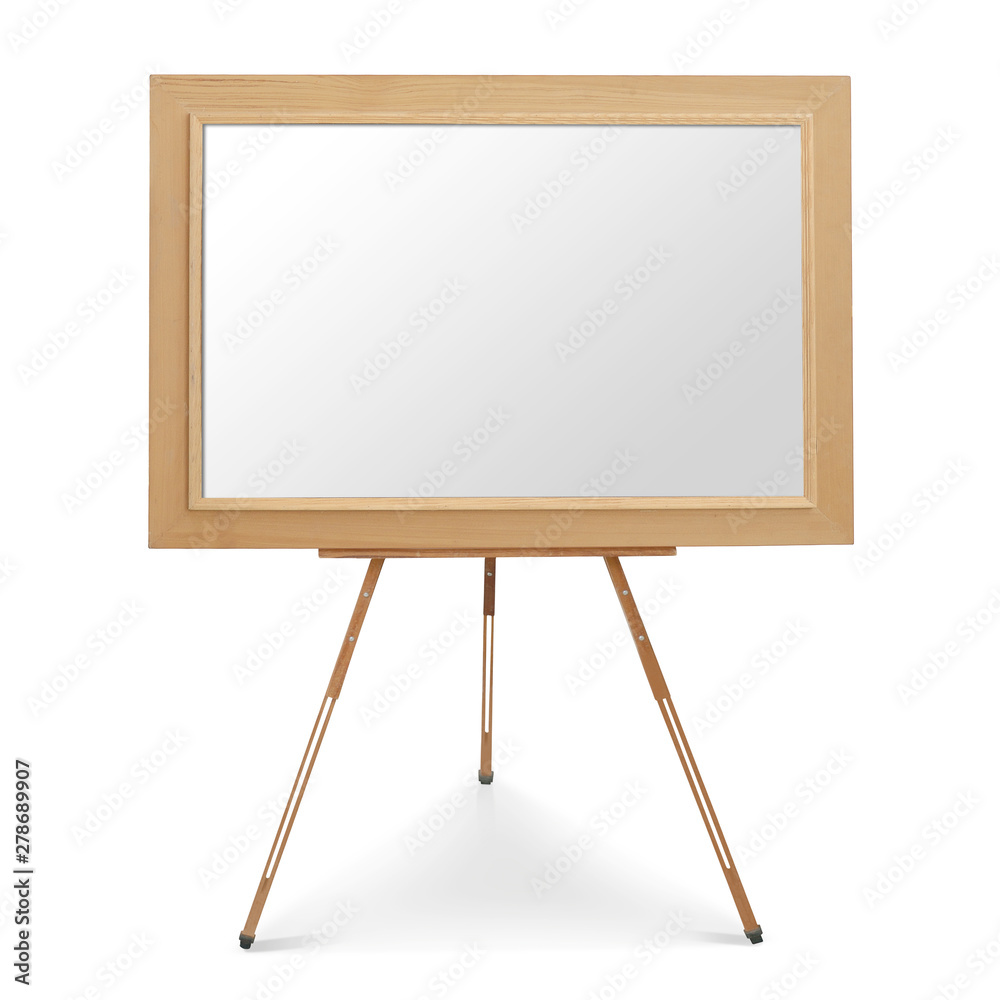 Wooden display easel with empty white canvas on white background Wooden display easel with empty white canvas on white background
