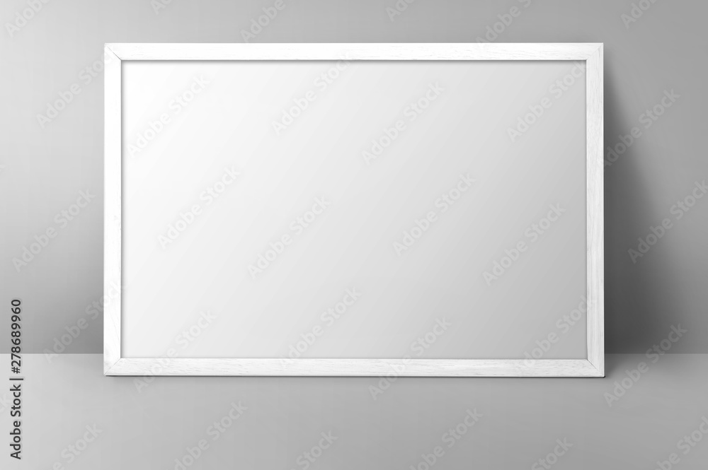 mock up with horizontal empty white wood frame on grey wall background